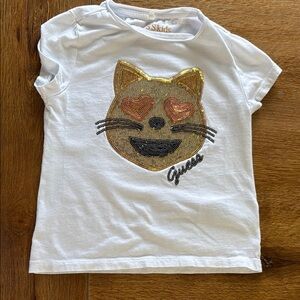 Guess Gold Glitter Cat Face Tee White Short Sleeve
